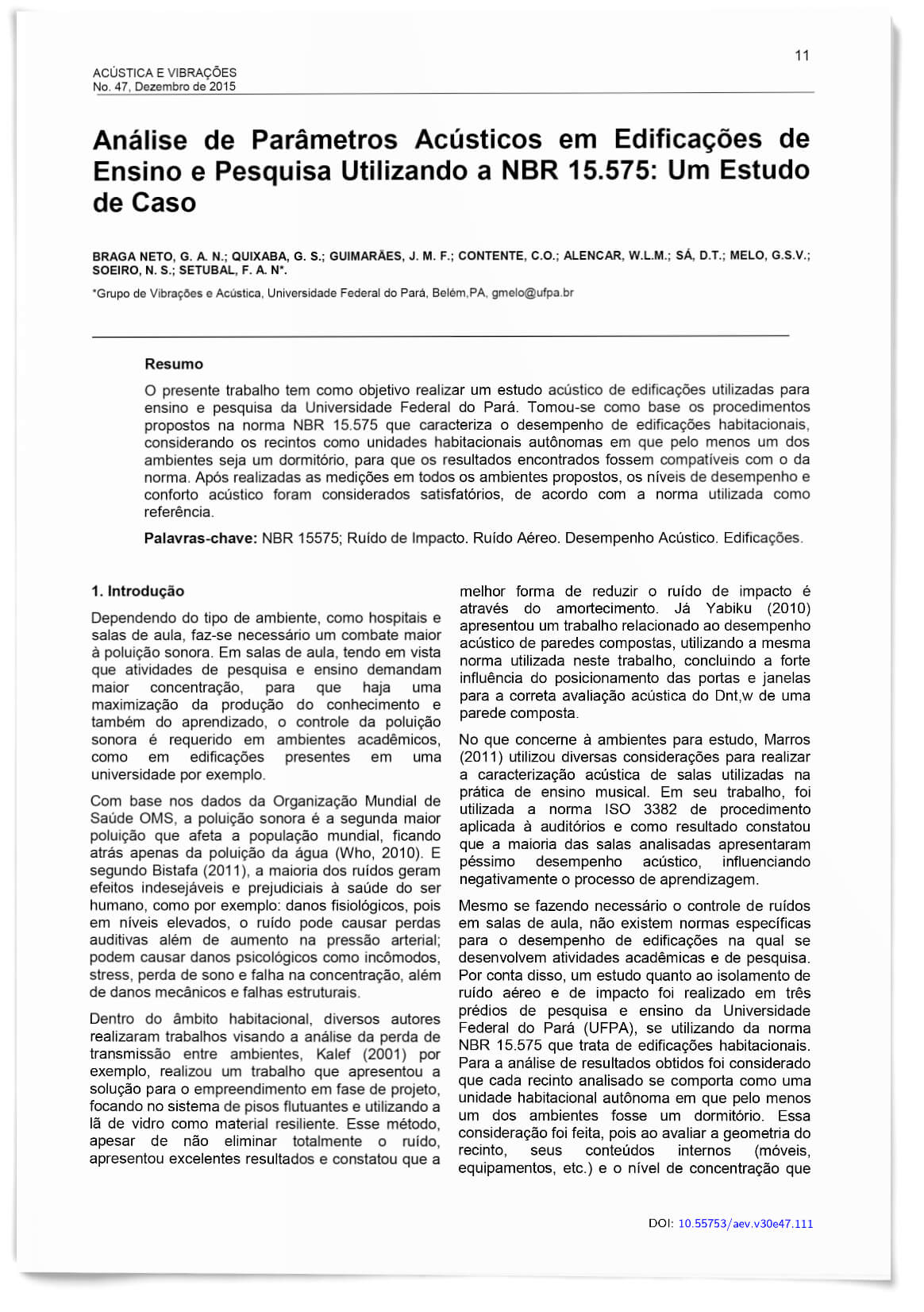 Capa - Análise de Parâmetros Acústicos em Edificações de Ensino e pesquisa Utilizando a NBR 15.575: Um Estudo de Caso