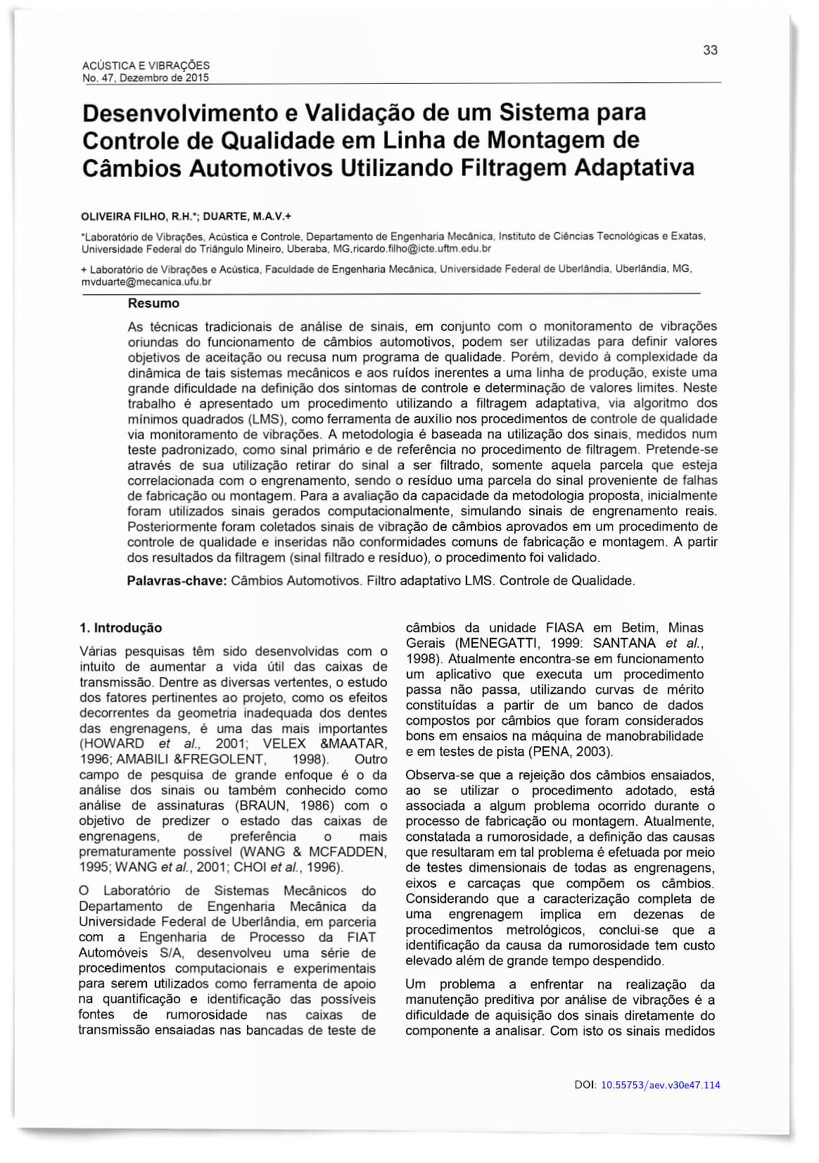 Capa - Desenvolvimento e Validação de um Sistema para Controle de Qualidade em Linha de Montagem de Câmbios Automotivos Utilizando Filtragem Adaptativa