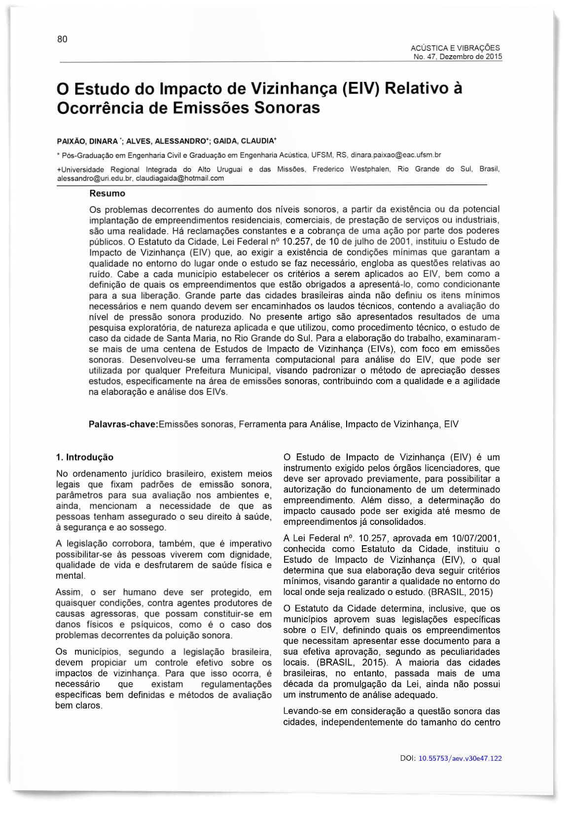 Capa - O Estudo do Impacto de Vizinhança (EIV) Relativo à Ocorrência de Emissões Sonoras