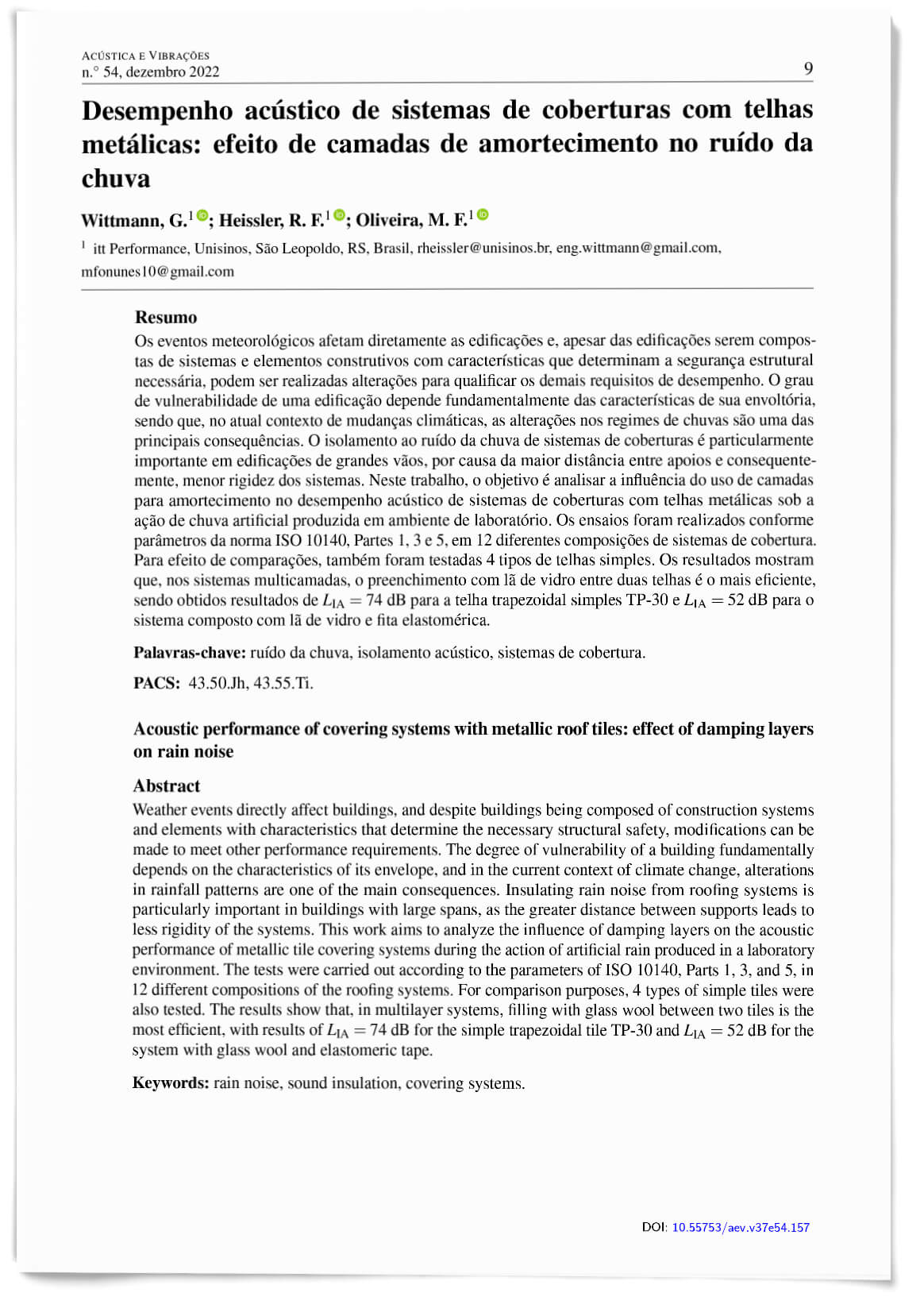 AeV 54 - Desempenho acústico de sistemas de coberturas com telhas metálicas: efeito de camadas de amortecimento no ruído da chuva