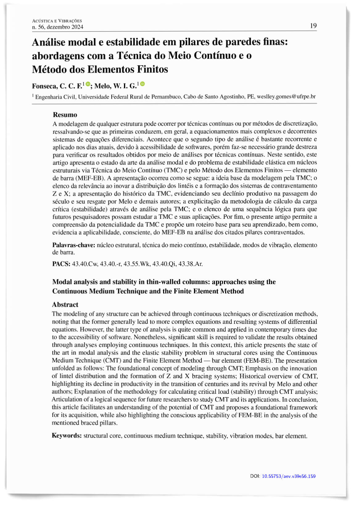 Análise modal e estabilidade em pilares de paredes finas: abordagens com a Técnica do Meio Contínuo e o Método dos Elementos Finitos