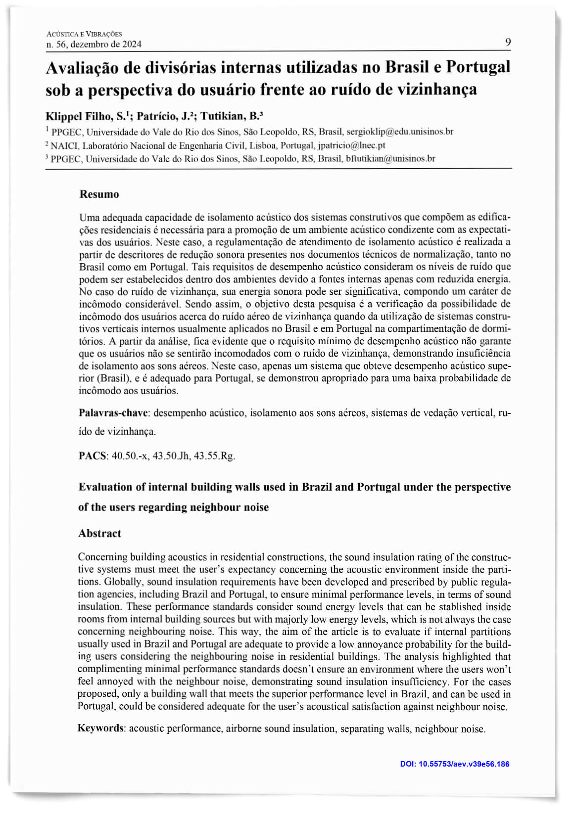 Avaliação de divisórias internas utilizadas no Brasil e Portugal sob a perspectiva do usuário frente ao ruído de vizinhança