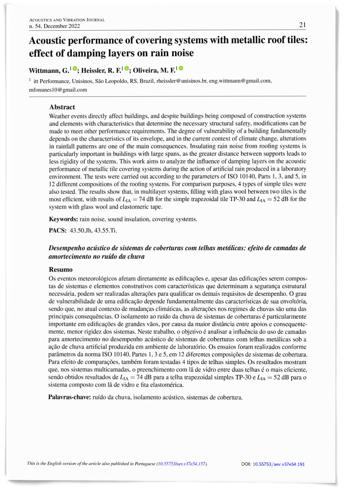 AeV 54 - Acoustic performance of covering systems with metallic roof tiles: effect of damping layers on rain noise