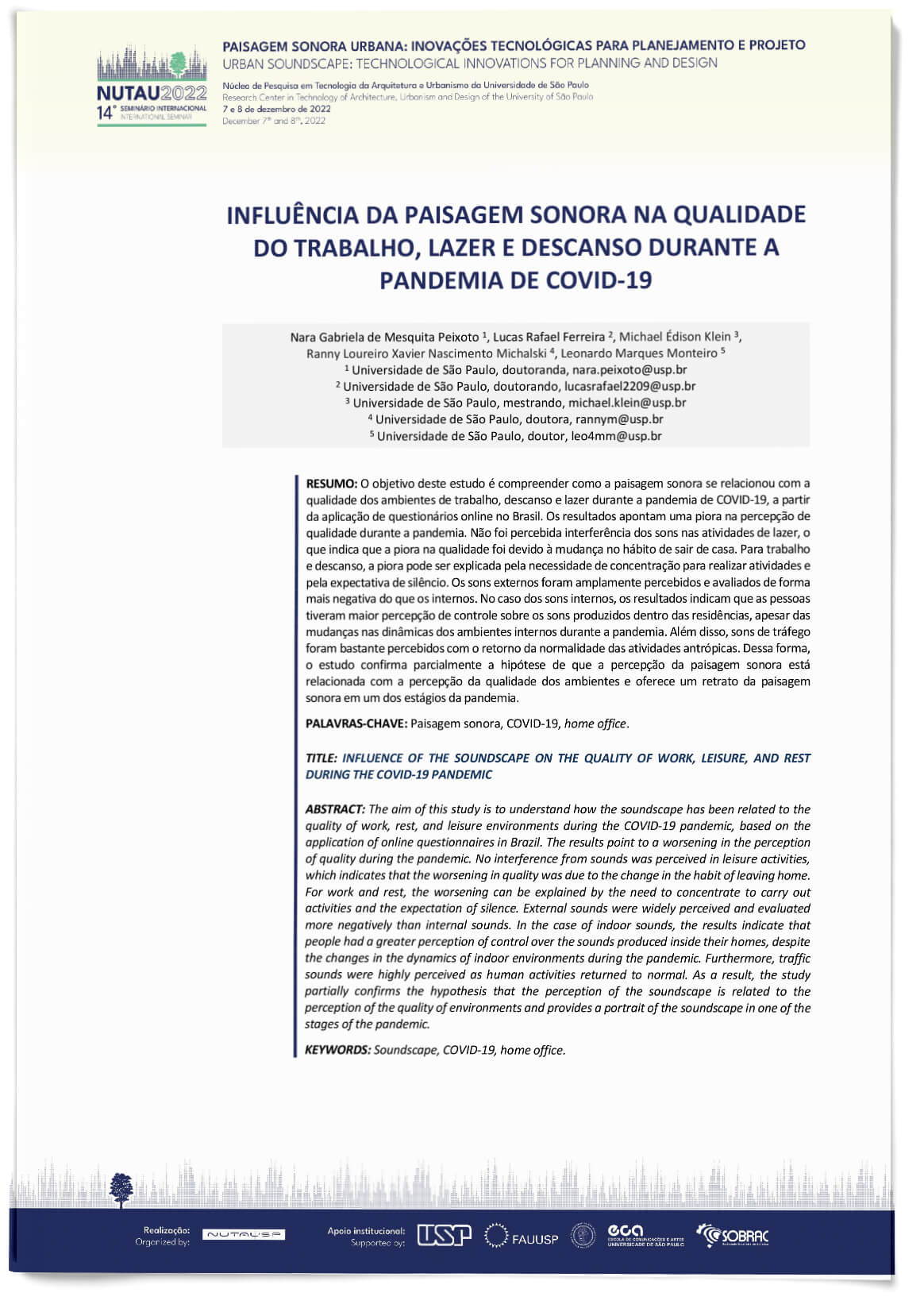 Influência da paisagem sonora na qualidade do trabalho, lazer e descanso durante a pandemia de COVID-19