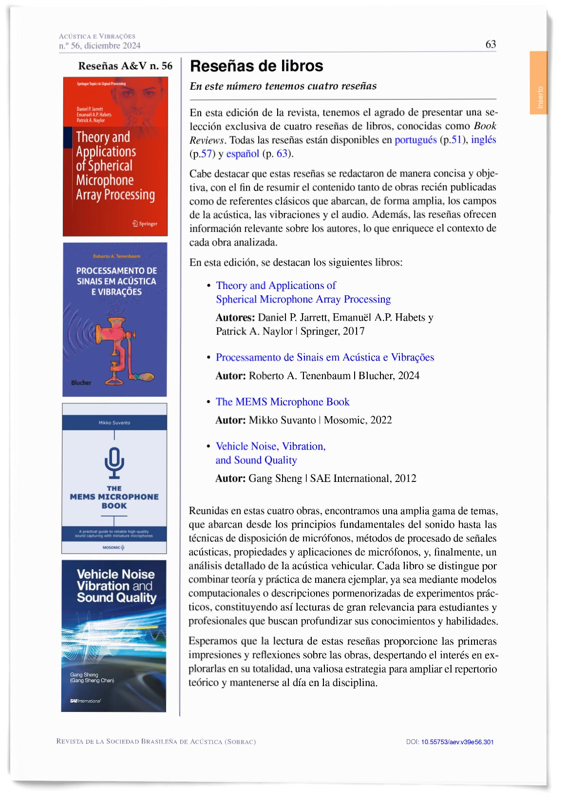 Reseñas de libros: Theory and Applications of Spherical Microphone Array Processing; Procesamiento de Señales en Acústica y Vibraciones; The MEMS Microphone Book; y Vehicle Noise, Vibration, and Sound Quality