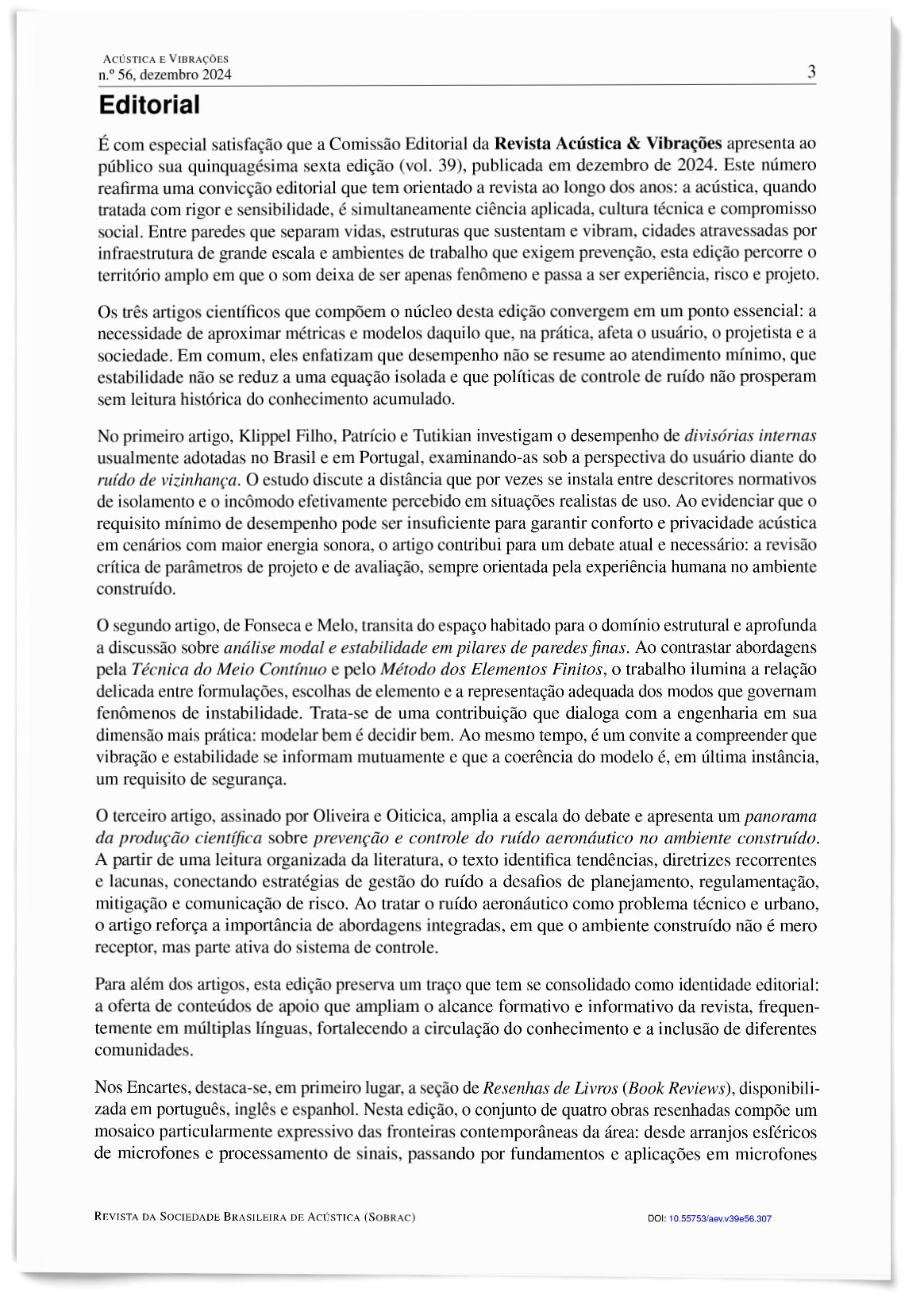 Editorial — Revista Acústica e Vibrações nº 56
