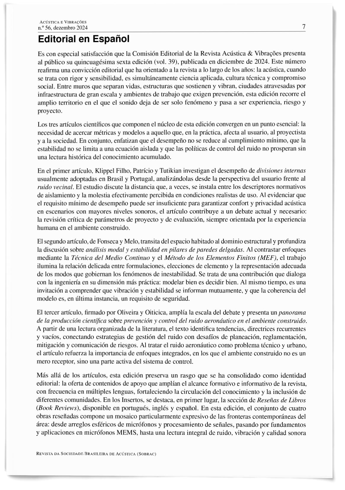 Editorial en Español — Revista Acústica e Vibrações nº 56