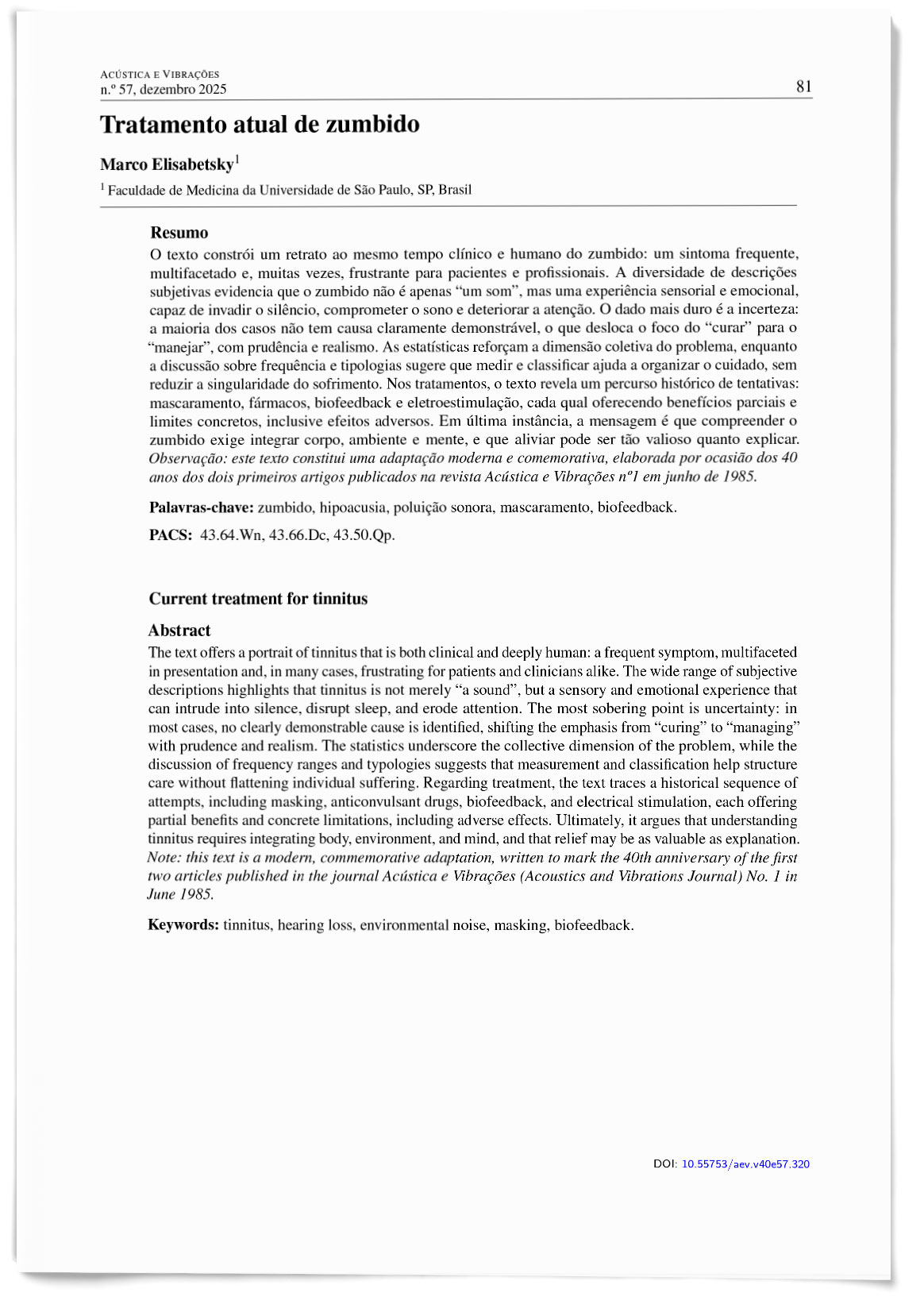 Tratamento atual de zumbido